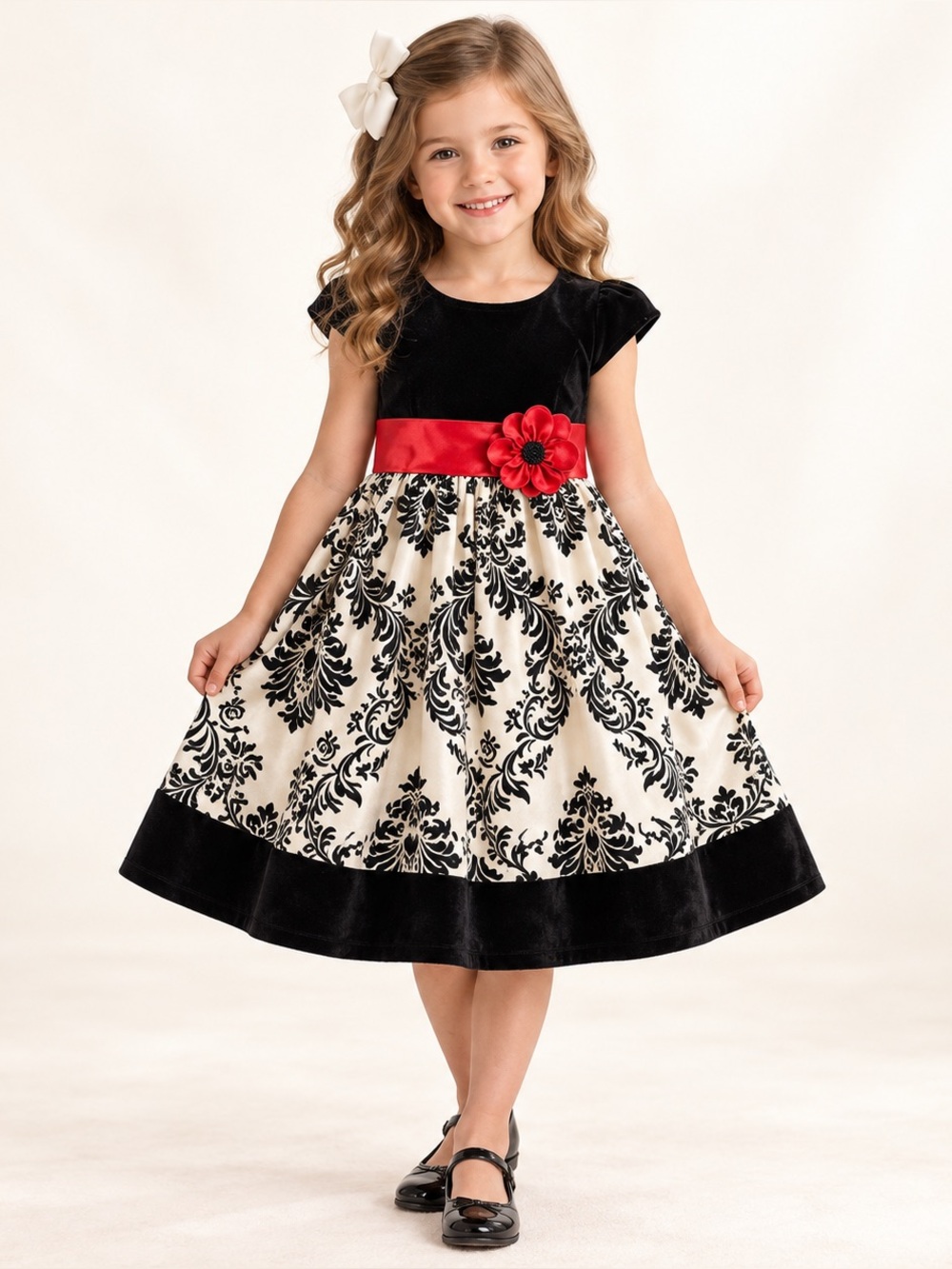 Jona Michelle Girls 7 Black Red Damask Velvet Party Dress + Bow EUC